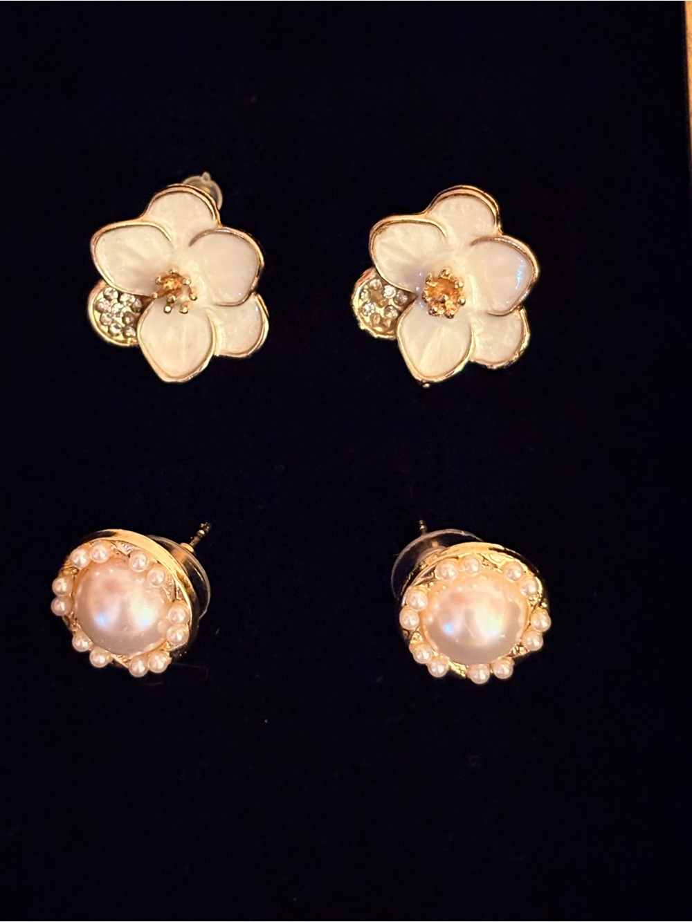 Gold & White Enamel Floral and Pearl Stud Earring Set